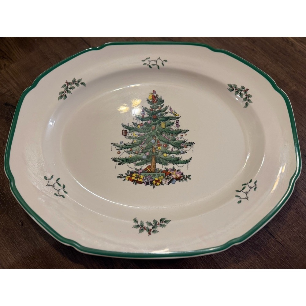 Vintage Spode Christmas Tree 16" Sculpted Oval Serving Platter Made in England
